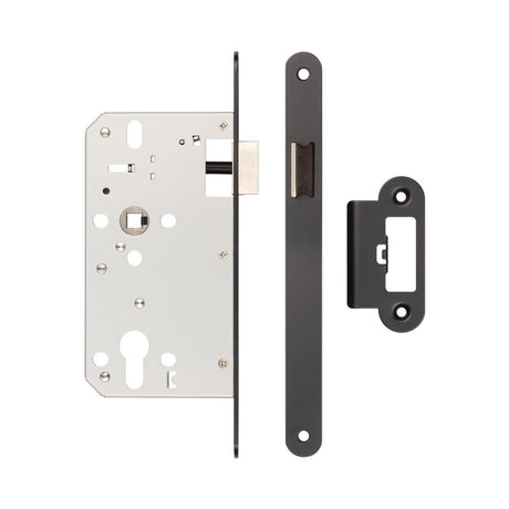 High quality image of Frelan - 72mm Black Din Euro Latch Radiused 60mm Backset Sku. JL-DL60RMB