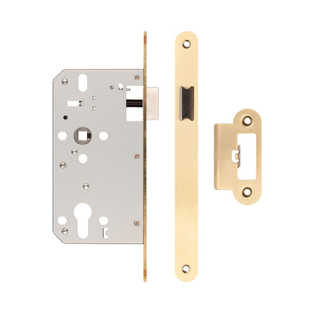 High quality image of Frelan - 72mm Satin Brass Din Euro Latch Radiused 60mm Backset Sku. JL-DL60RSB