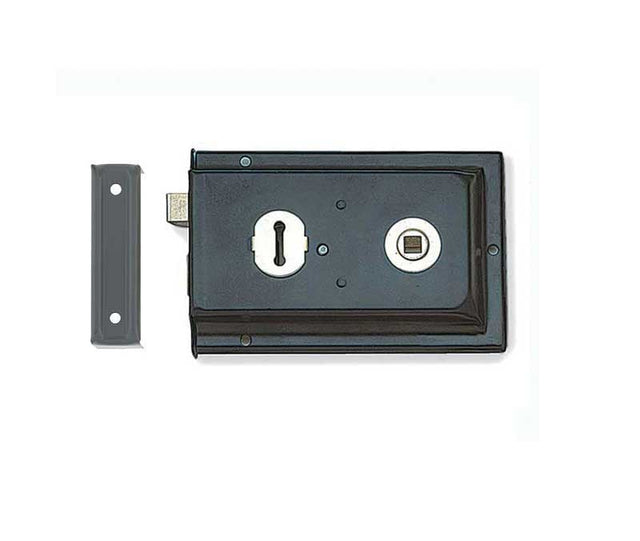 This is an image showing the Frelan - 152.5x102mm Black Rim lock available to order from Trade Door Handles in Kendal