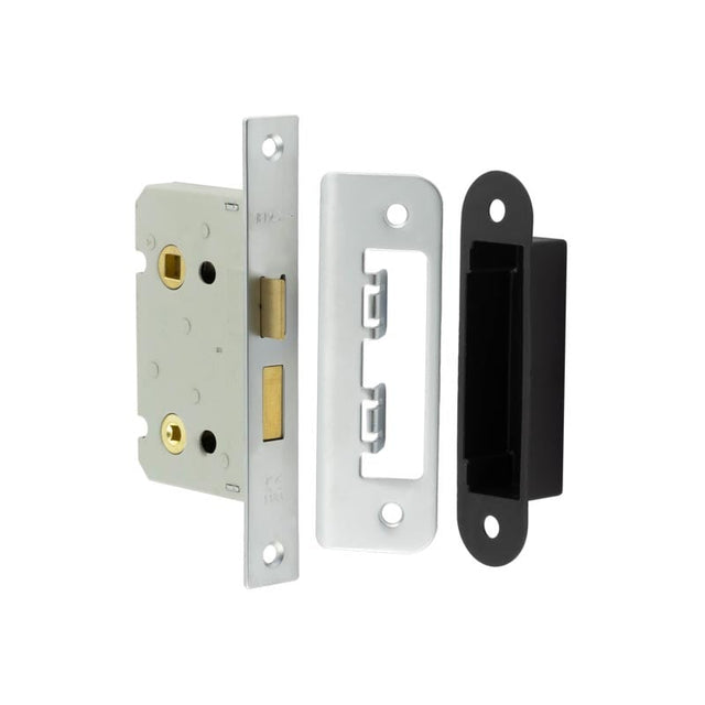 This is an image showing the Frelan - 63mm SN bathroom lock square forend & radiused strike plate available to order from Trade Door Handles in Kendal