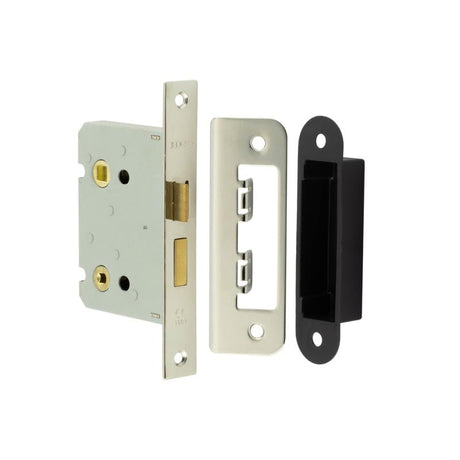 This is an image showing the Frelan - 76mm NP Bathroom lock square forend & radiused strike plate available to order from Trade Door Handles in Kendal