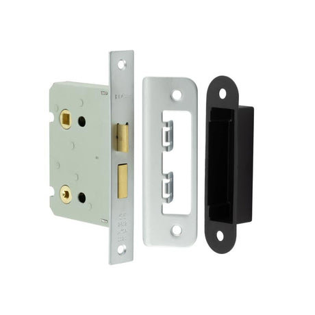 This is an image showing the Frelan - 76mm SN Bathroom lock square forend & radiused strike plate available to order from Trade Door Handles in Kendal