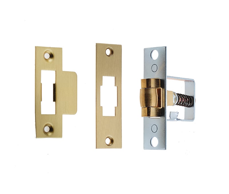 This is an image showing the Frelan - Rollerbolt Catch - Satin Brass available to order from Trade Door Handles in Kendal