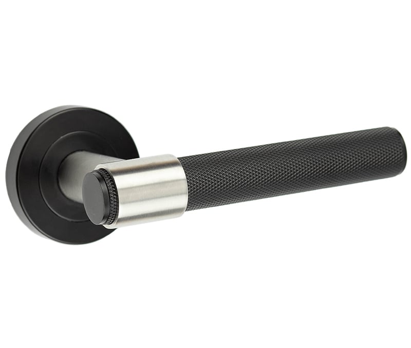 This is an image showing the Frelan - T-bar knurled lever on round rose Matt Black available to order from Trade Door Handles in Kendal