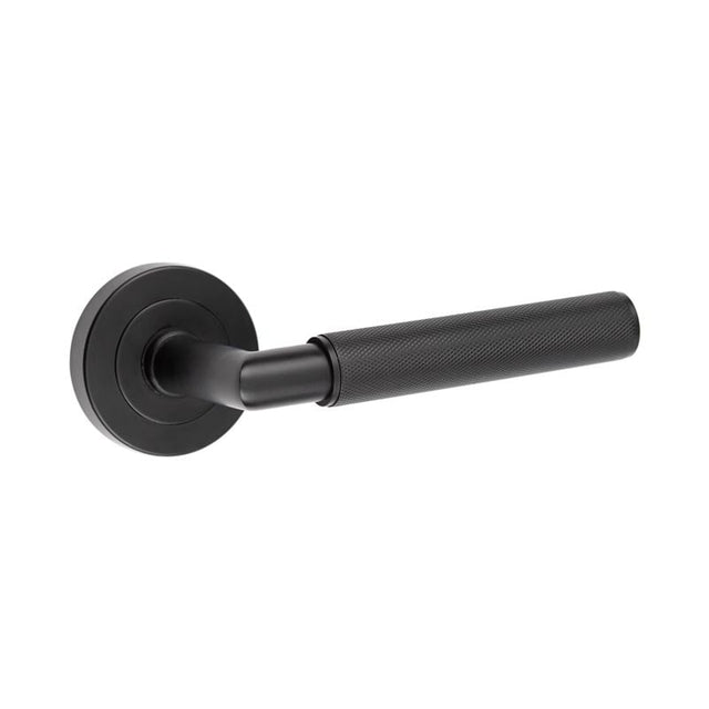 This is an image showing the Frelan - Mitred knurled lever on rose Matt Black available to order from Trade Door Handles in Kendal