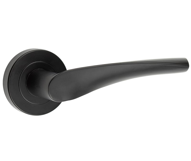 This is an image showing the Frelan - Vecta lever on rose Matt Black available to order from Trade Door Handles in Kendal