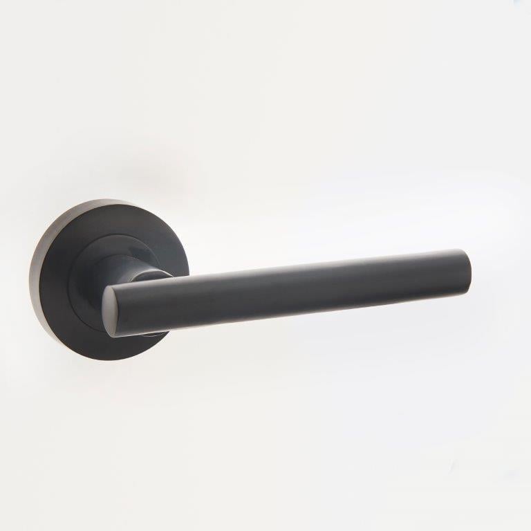 This is an image showing the Frelan - Petra MB lever on rose available to order from Trade Door Handles in Kendal