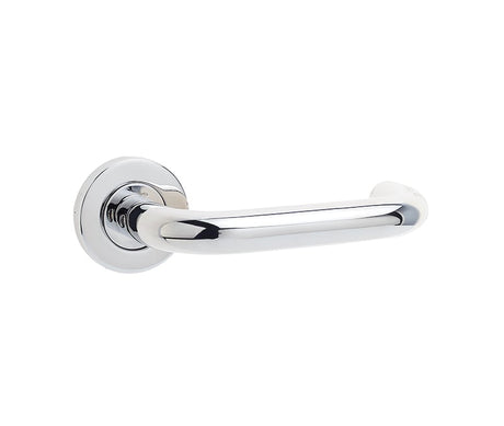 This is an image showing the Frelan - Orbit 19mm Lever on Sprung Round Rose - Grade 304 Polished Stainless St available to order from Trade Door Handles in Kendal