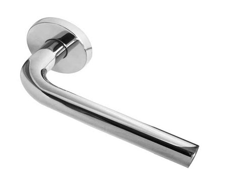 This is an image showing the Frelan - Radium Lever on Round Rose - Grade 304 Polished Stainless Steel available to order from Trade Door Handles in Kendal