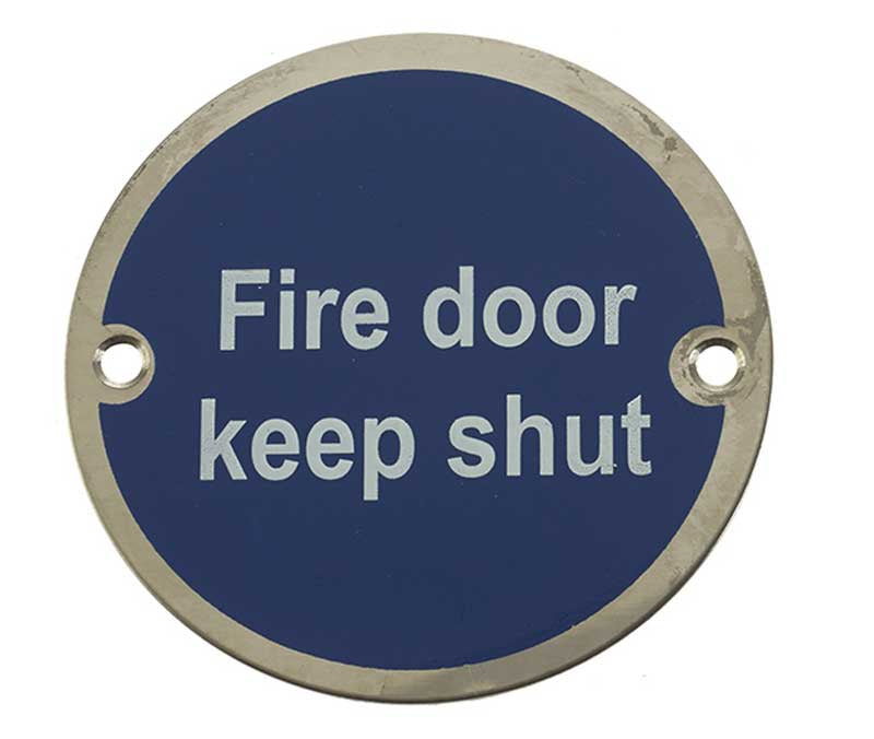 High quality image of Frelan - Fire Door Keep Shut' - Signage 75mm Dia. - Polished Stainless Steel | Sku. js100pss | available to order from Trade Door Handles in Kendal.