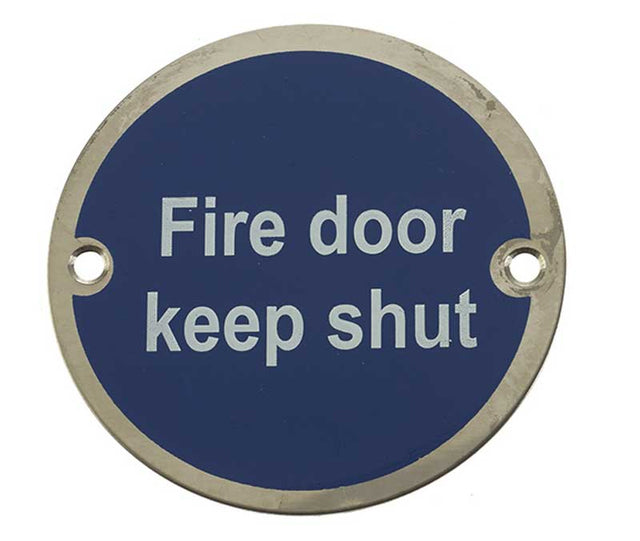 High quality image of Frelan - Fire Door Keep Shut' - Signage 75mm Dia. - Polished Stainless Steel | Sku. js100pss | available to order from Trade Door Handles in Kendal.