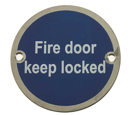 High quality image of Frelan - Fire Door Keep Locked' - Signage 75mm Dia. - Polished Stainless Steel | Sku. js101pss | available to order from Trade Door Handles in Kendal.