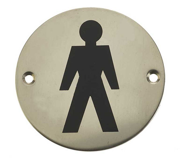 High quality image of Frelan - Male Sex Symbol - Signage 75mm Dia. - Polished Stainless Steel | Sku. js102pss | available to order from Trade Door Handles in Kendal.