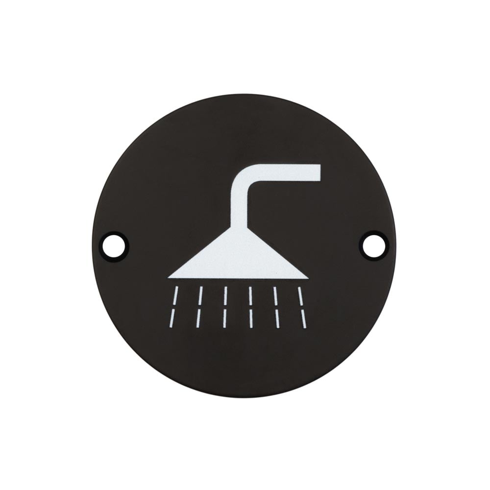 This is an image showing the Frelan - Stainless Steel Shower Symbol 75mm Black available to order from Trade Door Handles in Kendal