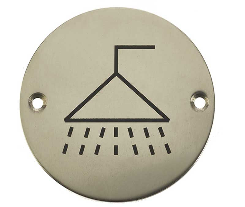 High quality image of Frelan - Shower - Signage 75mm Dia. - Polished Stainless Steel | Sku. js106pss | available to order from Trade Door Handles in Kendal.