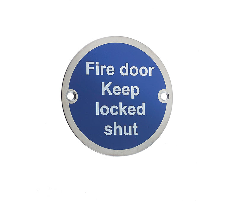 High quality image of Frelan - Fire Door Keep Locked Shut - Signage 75mm Dia. - Polished Stainless Ste | Sku. js109pss | available to order from Trade Door Handles in Kendal.
