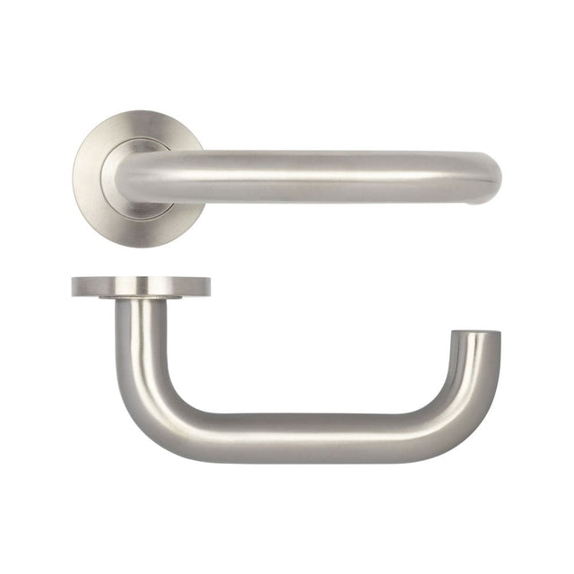 High quality image of Frelan - Orbit 19mm Door Handle on 8mm Sprung Rose Grade 304 Satin Stainless Steel Sku. JSS13