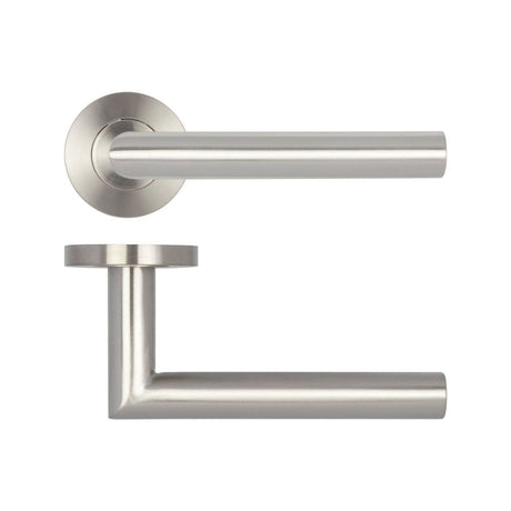 High quality image of Frelan - Julian Door Handle on Rose Grade 201 Satin Stainless Steel Sku. JSS204