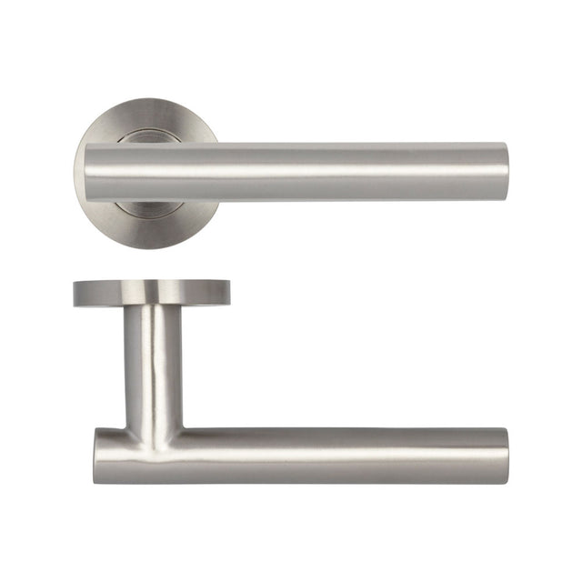 High quality image of Frelan - Atlanta Door Handles on Rose Grade 201 Satin Stainless Steel Sku. JSS214