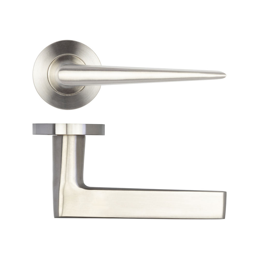 High quality image of Frelan - Meteor Lever on Round Rose - Grade 304 Satin Stainless Steel | Sku. fh-jss360 | Trade Door Handles.