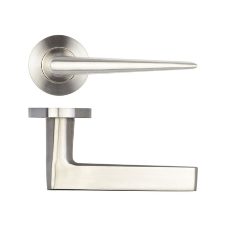 High quality image of Frelan - Meteor Lever on Round Rose - Grade 304 Satin Stainless Steel | Sku. fh-jss360 | Trade Door Handles.