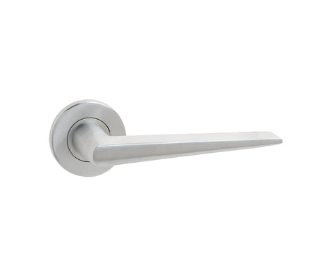 This is an image showing the Frelan - Meteor Lever on Round Rose - Grade 304 Satin Stainless Steel available to order from Trade Door Handles in Kendal