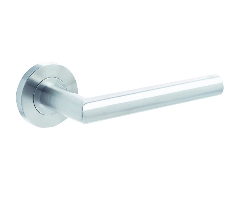 This is an image showing the Frelan - Julian Lever on Round Rose - Grade 304 Satin Stainless Steel available to order from Trade Door Handles in Kendal