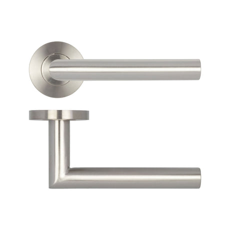 High quality image of Frelan - Julian Door Handle on Rose Grade 304 Satin Stainless Steel Sku. JSS402