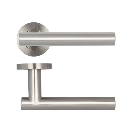 High quality image of Frelan - Atlanta Lever on Round Rose - Grade 304 Satin Stainless Steel | Sku. fh-jss412 | Trade Door Handles.