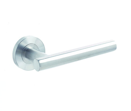 This is an image showing the Frelan - Atlanta Lever on Round Rose - Grade 304 Satin Stainless Steel available to order from Trade Door Handles in Kendal