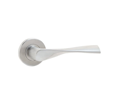 This is an image showing the Frelan - Vecta Lever on Round Rose - Grade 304 Satin Stainless Steel available to order from Trade Door Handles in Kendal