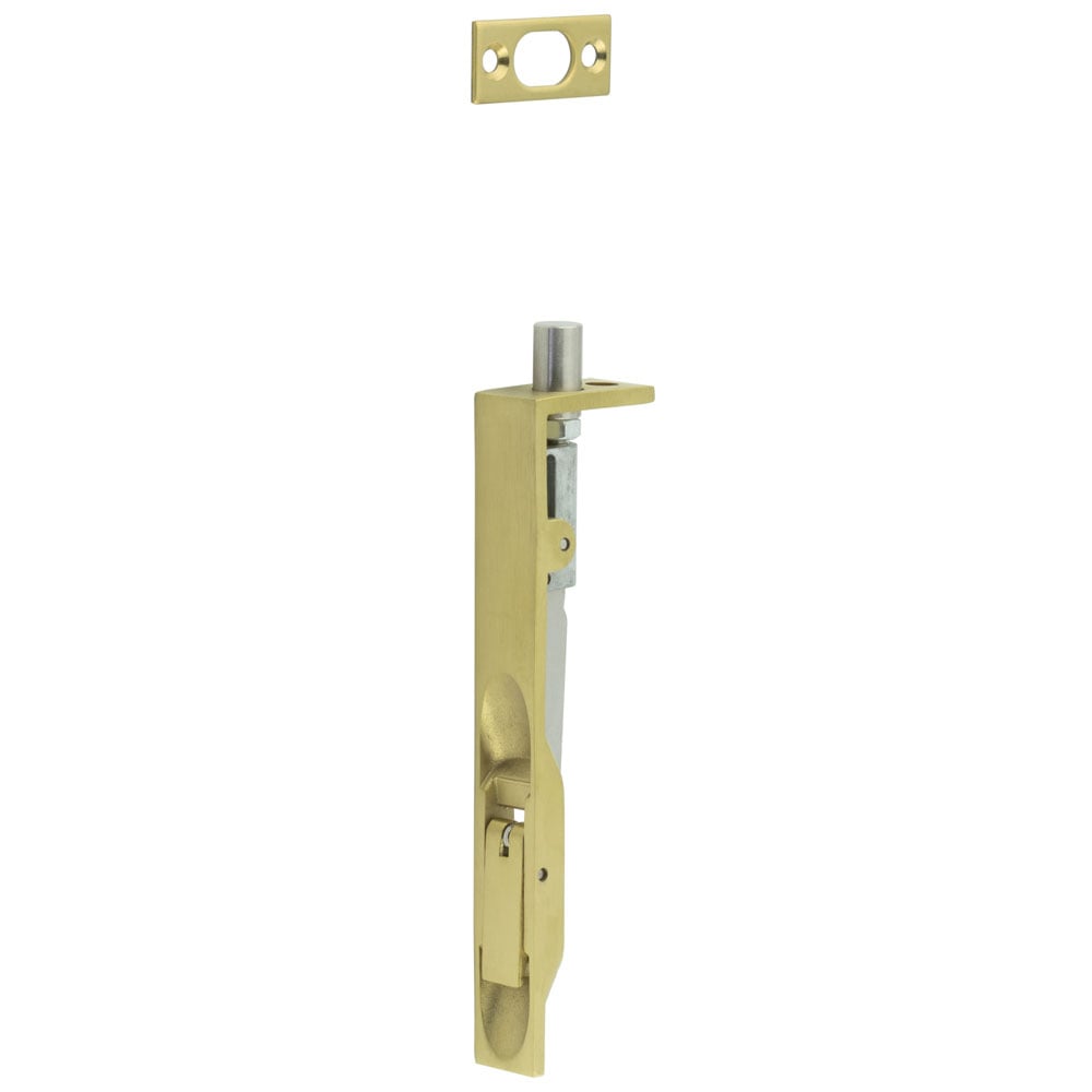 This is an image showing the Frelan - Stainless Steel Flush Bolts JSS50 Satin Brass 150mm x 20mm Square Forend available to order from Trade Door Handles in Kendal