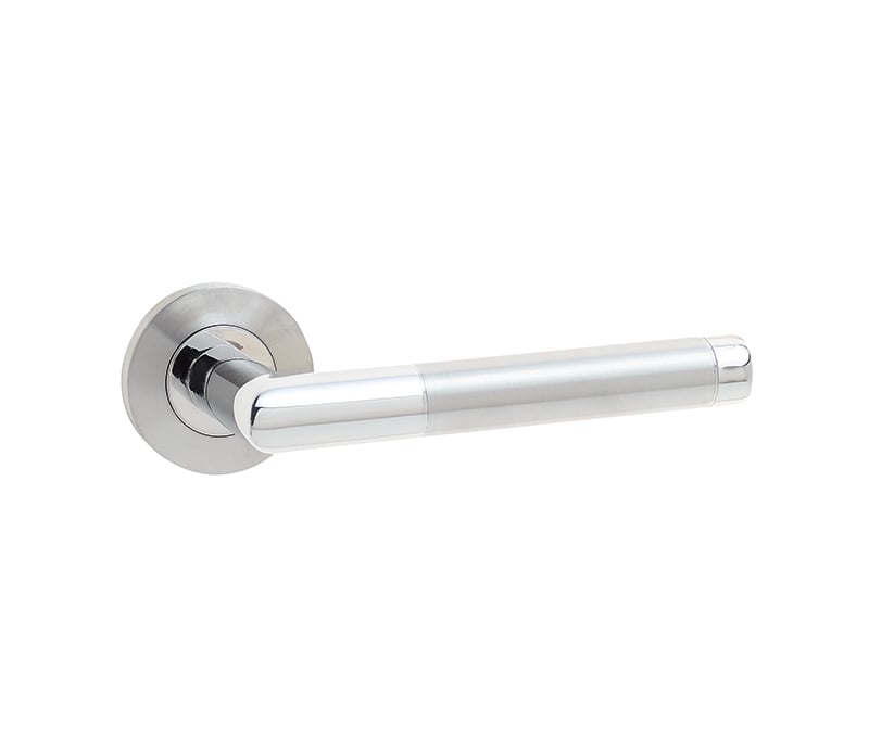 This is an image showing the Frelan - Cambrio Lever on Round Rose - Grade 304 Satin Stainless Steel/Polished available to order from Trade Door Handles in Kendal