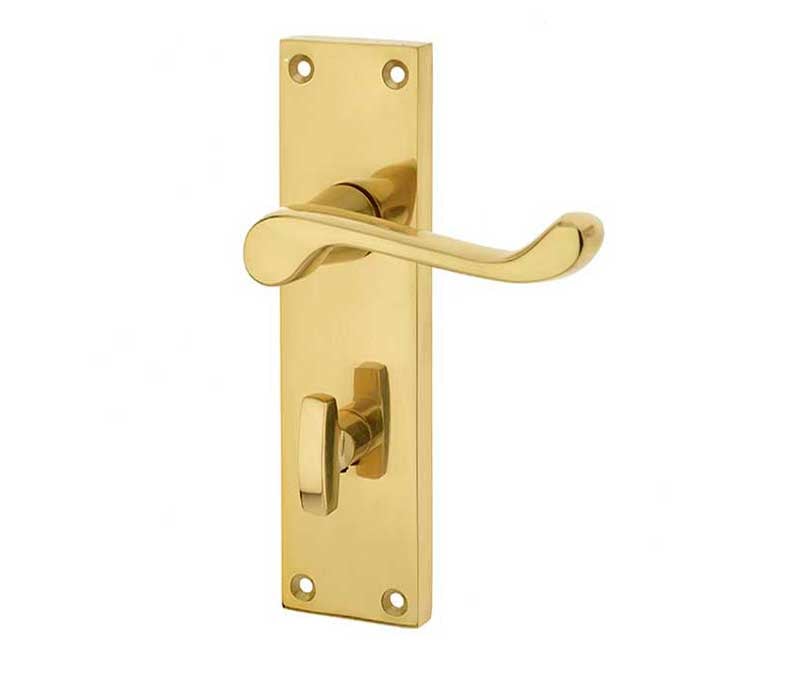 This is an image showing the Frelan - Victorian Scroll Door Handle on Bathroom Plate Polished Brass available to order from Trade Door Handles in Kendal