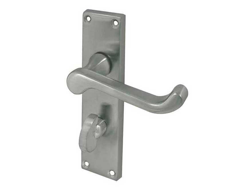 This is an image showing the Frelan - Victorian Scroll Door Handle on Bathroom Plate Satin Chrome available to order from Trade Door Handles in Kendal