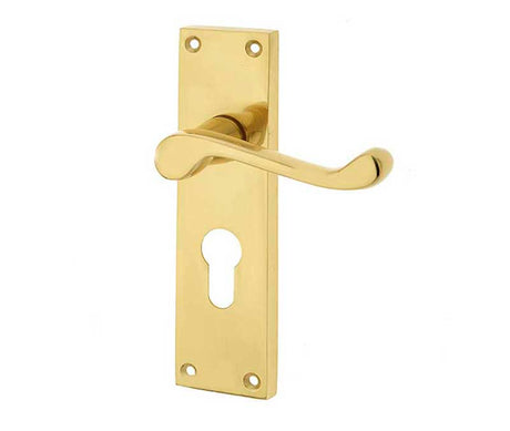 High quality image of Frelan - Victorian Scroll Door Handle on Euro Profile Lockplate Polished Brass Sku. JV10EPB