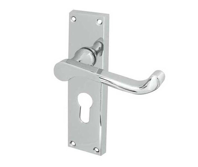 This is an image showing the Frelan - Victorian Scroll Door Handle on Euro Profile Lockplate Polished Chrome available to order from Trade Door Handles in Kendal