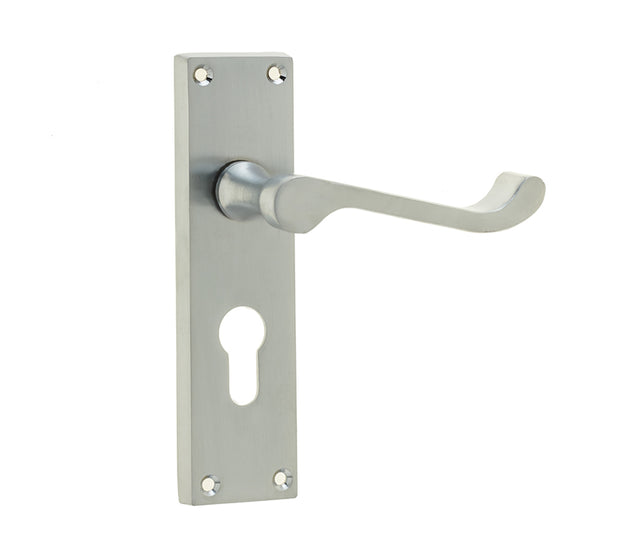High quality image of Frelan - Victorian Scroll Door Handle on Euro Profile Lockplate Satin Chrome Sku. JV10ESC