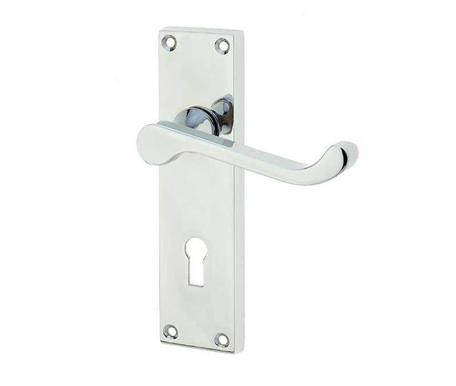 High quality image of Frelan - Victorian Scroll Door Handle on Lockplate Polished Chrome Sku. JV10PC