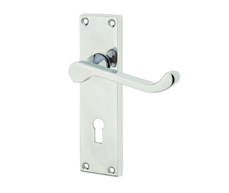 This is an image showing the Frelan - Victorian Scroll Door Handle on Lockplate Polished Chrome available to order from Trade Door Handles in Kendal