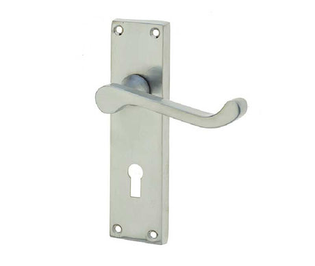 High quality image of Frelan - Victorian Scroll Door Handle on Lockplate Satin Chrome Sku. JV10SC