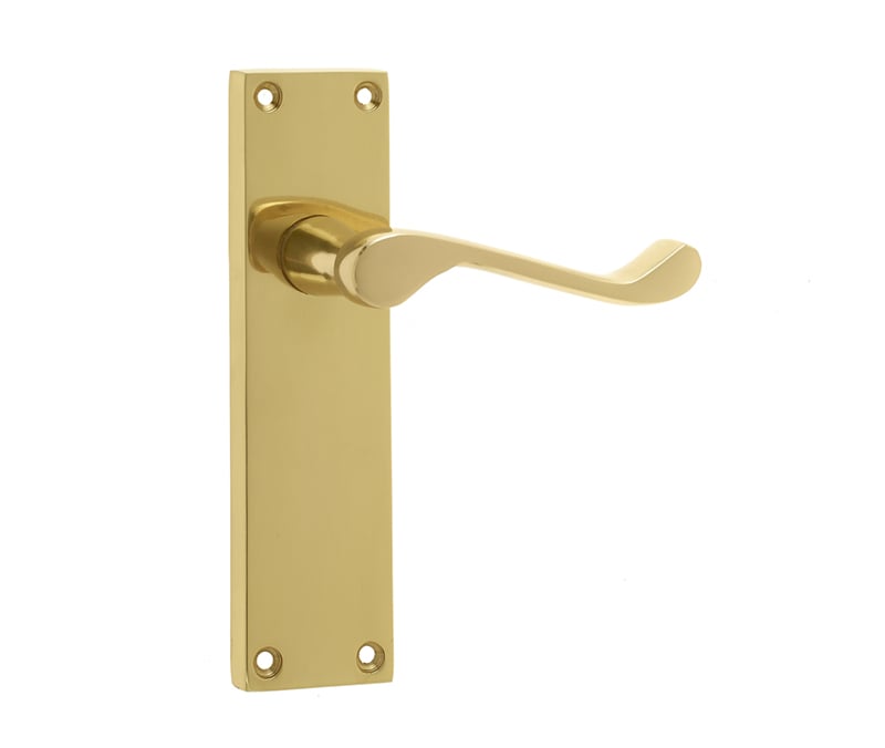 This is an image showing the Frelan - Victorian Scroll Door Handle on Long Latchset Plate Polished Brass available to order from Trade Door Handles in Kendal