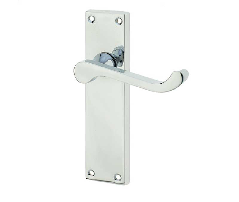 High quality image of Frelan - Victorian Scroll Door Handle on Long Latchset Plate Polished Chrome Sku. JV11LPC