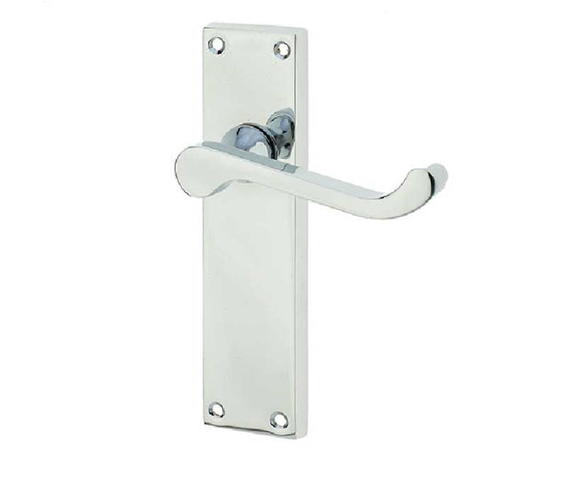 This is an image showing the Frelan - Victorian Scroll Door Handle on Long Latchset Plate Polished Chrome available to order from Trade Door Handles in Kendal