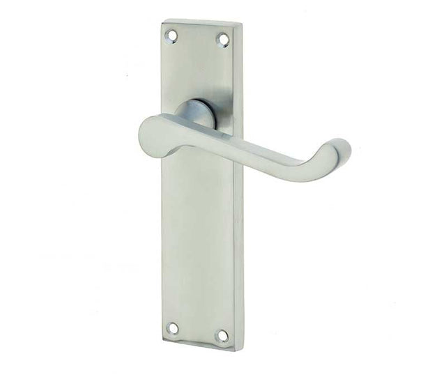 This is an image showing the Frelan - Victorian Scroll Door Handle on Long Latchset Plate Satin Chrome available to order from Trade Door Handles in Kendal