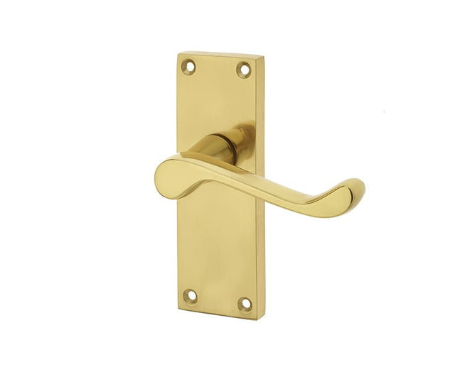 This is an image showing the Frelan - Victorian Scroll Door Handle on Short Latchset Plate Polished Brass available to order from Trade Door Handles in Kendal