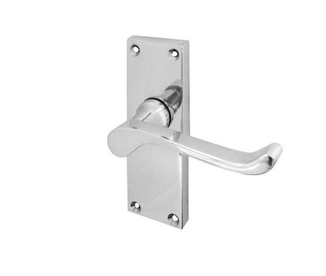 This is an image showing the Frelan - Victorian Scroll Door Handle on Short Latchset Plate Polished Chrome available to order from Trade Door Handles in Kendal