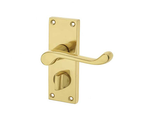 High quality image of Frelan - Victorian Scroll Door Handle on Privacy Plate Polished Brass Sku. JV11PRPB