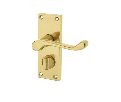 This is an image showing the Frelan - Victorian Scroll Door Handle on Privacy Plate Polished Brass available to order from Trade Door Handles in Kendal