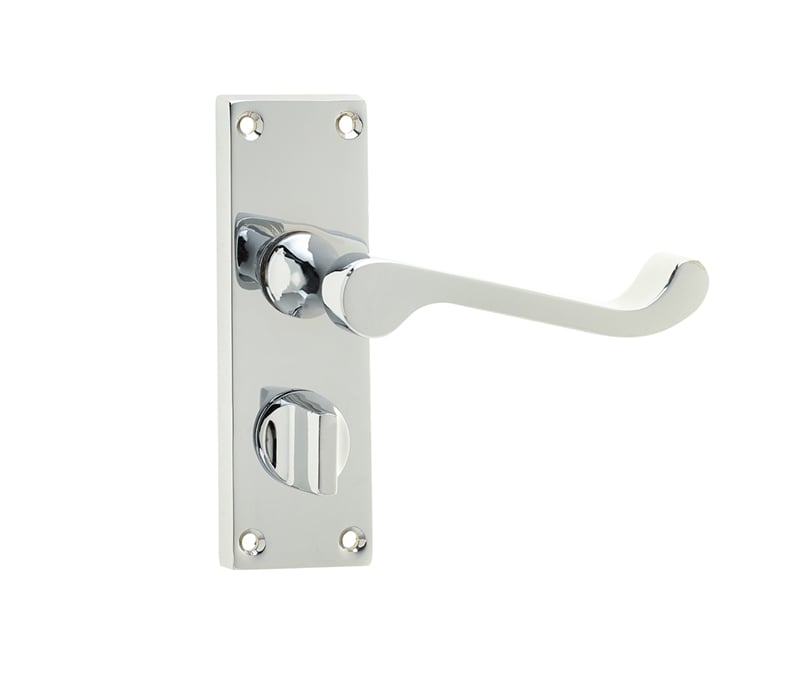 This is an image showing the Frelan - Victorian Scroll Door Handle on Privacy Plate Polished Chrome available to order from Trade Door Handles in Kendal